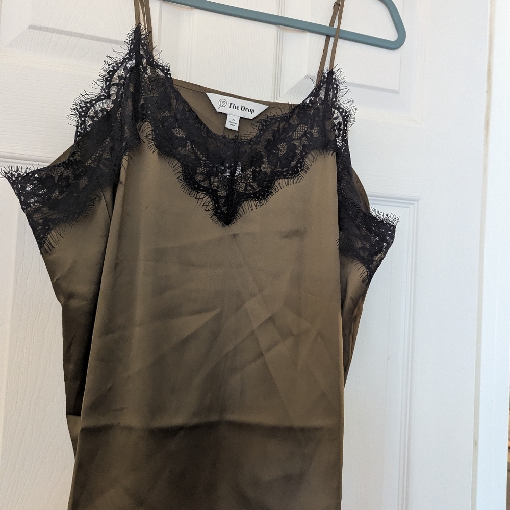 Women's Lace Trim Satin Cami Top - Olive Brown And Black Lace NWT.